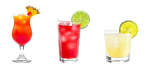 Bahama Mama, Cape Coder, Canchanchara cocktail PNG set bundle, transparent isolated background. Mixology, bar menu cocktails, colorful vibrant refreshing mixed drink with garnish