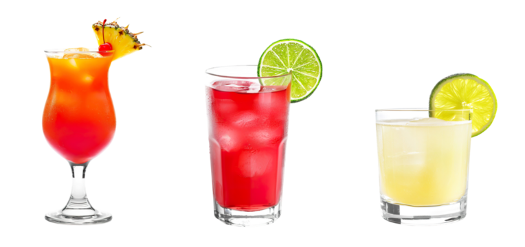 Bahama Mama, Cape Coder, Canchanchara cocktail PNG set bundle, transparent isolated background. Mixology, bar menu cocktails, colorful vibrant refreshing mixed drink with garnish