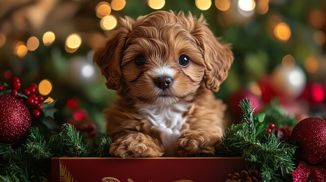 Adorable cavapoo puppy in christmas gift box surrounded by festive decorations and warm holiday lights, capturing seasonal joy and cuteness.