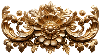 Golden Floral Ornament Baroque Luxury Design, Rococo Motif for Elegant Decor, isolated on transparent background.