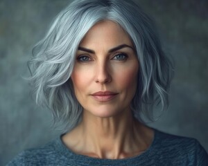 Naklejka premium Portrait of a Graceful Middle-Aged Gray-Haired Woman with AI Artistry