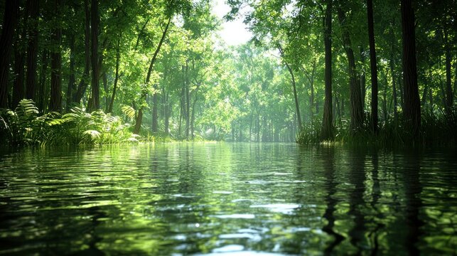 Lush forest river path, sunlight through trees, tranquil scene