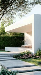 Modern Minimalist Home with White Exterior and Lush Surroundings