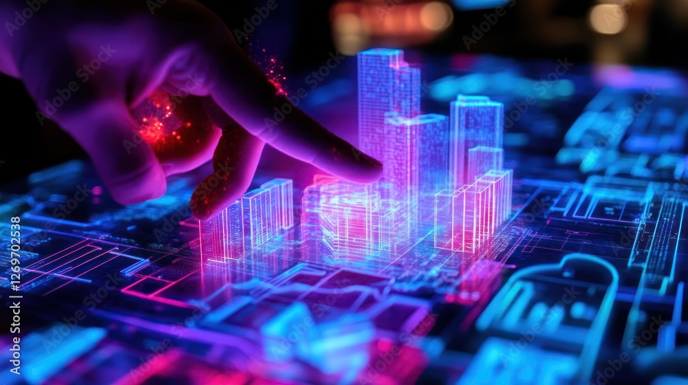 Poster fingers interact with a luminous city model on a screen