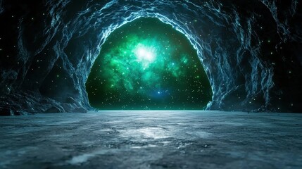 Mystical Cave Entrance with Glowing Green Galaxy Background