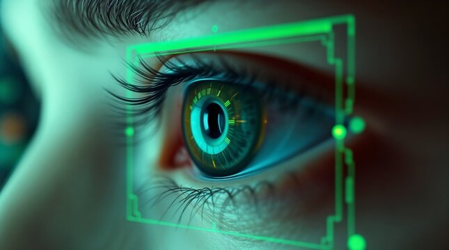 Close-up of a human eye with biometric scanning technology and green digital interface