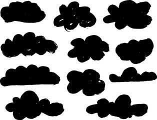 Clouds ink brush strokes. Black cloud collection. Grunge Clouds. Vector illustration