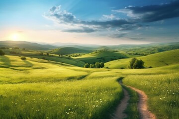 Fototapeta premium Rolling Hills at Sunset: A picturesque panorama of verdant rolling hills bathed in the warm glow of a setting sun, with a winding dirt road leading through the landscape.