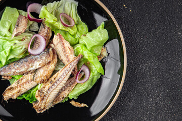 mackerel can fish seafood salad fresh tasty food dish gourmet food background on the table rustic food top view copy space keto and paleo diet vegetarian  food pescetarian diet