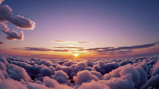 Gorgeous sunset above the clouds in the sky. Sunrays breaking through the clouds. amera rises above the clouds to see the bright sunset sky and the sun