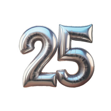 25 silver anniversary balloons, white or transparent backdrop. AI