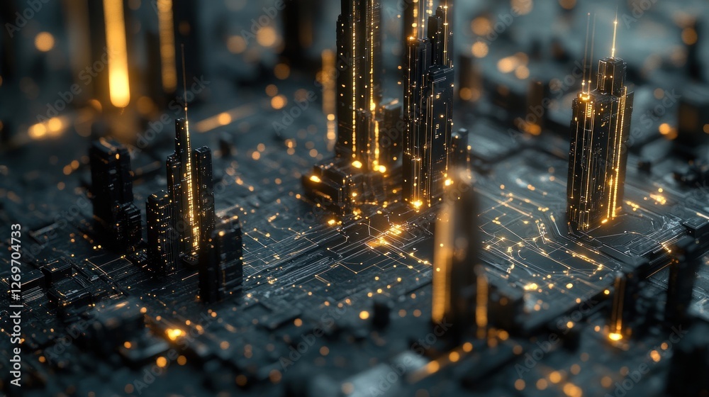 Poster miniature futuristic city with glowing elements on a circuit board