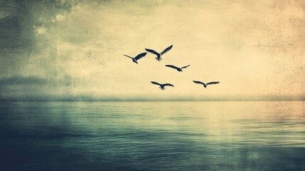 Fototapeta premium A serene seascape with birds flying over calm waters, evoking tranquility and nature's beauty.