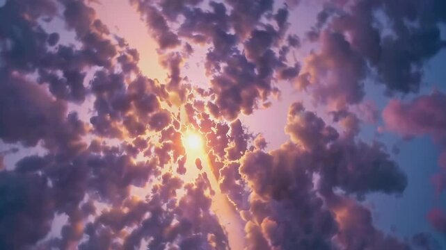 Gorgeous sunset above the clouds in the sky. Sunrays breaking through the clouds. amera rises above the clouds to see the bright sunset sky and the sun