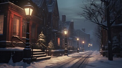 A quiet snowy village street at night, with warm lights glowing through the windows, creating a cozy and magical winter scene filled with peaceful beauty and the charm of a cold, snowy night.