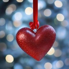 Fototapeta premium Romantic Red Heart with Ribbon on Table for Valentine's Day or Anniversary Themes