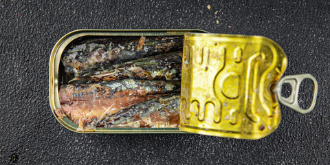 mackerel can fish seafood salad fresh tasty food dish gourmet food background on the table rustic...