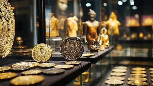Close-up view of ancient coins and artifacts displayed in a museum exhibit, showcasing history and culture