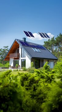 Modern house with solar panels - vertical 3d animation.