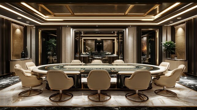 Luxurious oval poker table in a dark, opulent casino room