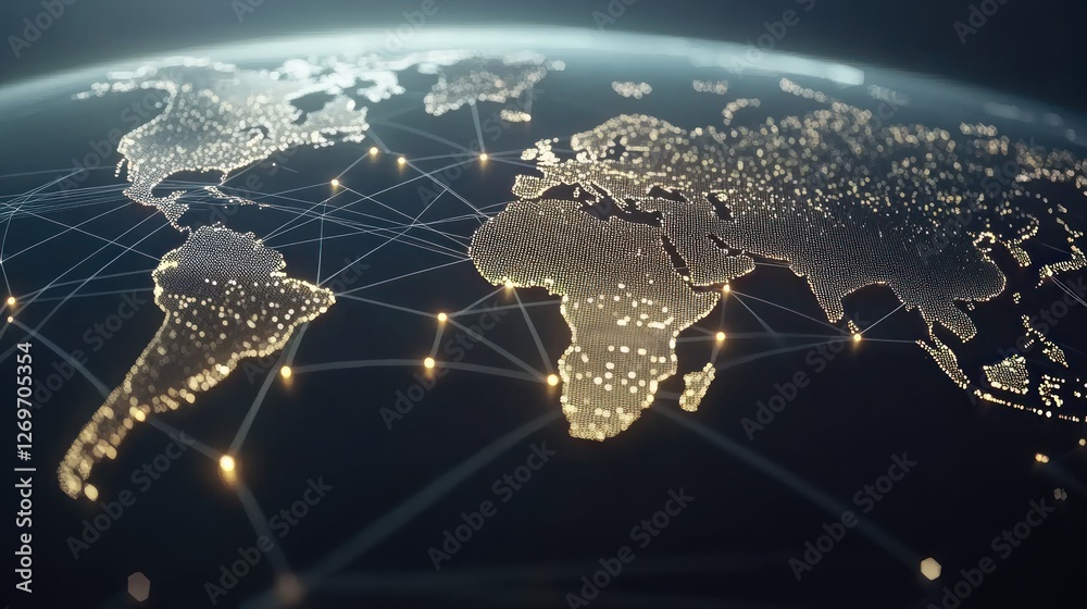 Poster World map illuminated with network connections and bright dots