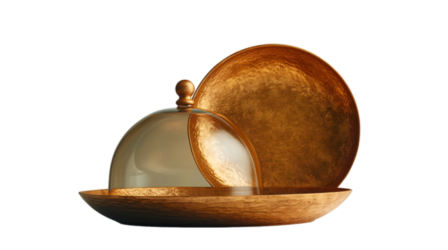 Gold Hammered Metal Tray Glass Dome Cover, Luxury Platter for Home Food Decor, isolated on transparent background.