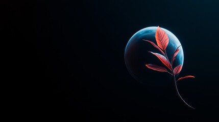 Surreal Plant Growing on Blue Planet Against Dark Background