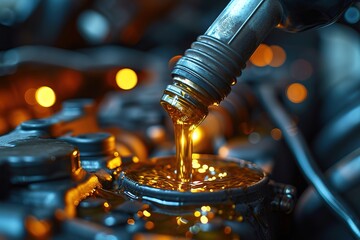 Refueling and pouring oil quality into the engine motor car Transmission and Maintenance Gear .Energy fuel concept