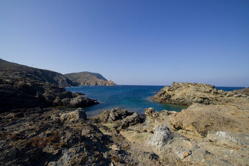 coast of the mediterranean sea, Shale cliffs at Narrows. Asinara National Park. Sassari. Sardinia. Italy. Asinara National Park