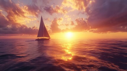 Sailboat Sailing Across Calm Ocean During Golden Hour with Sunset Horizon