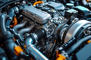 Obraz premium The powerful engine of a car. Internal design of engine. Car engine part. Modern powerful car engine