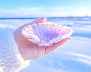 Hand holding a pink seashell on snowy beach