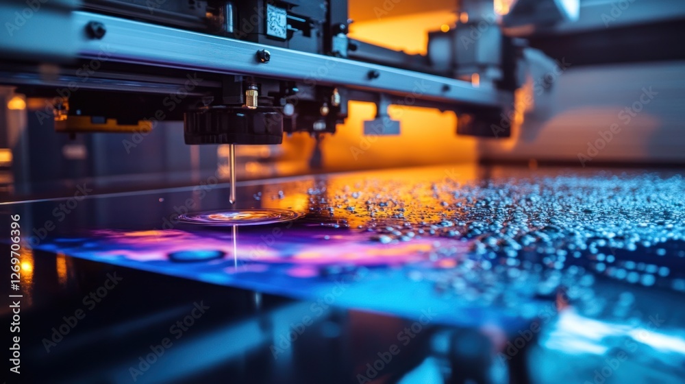 Poster Automated machine testing a colorful surface with precision probe