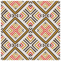 A geometric pattern featuring interlocking diamonds in red, brown, and gold colors, against a light background.
