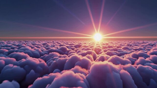 Gorgeous sunset above the clouds in the sky. Sunrays breaking through the clouds. amera rises above the clouds to see the bright sunset sky and the sun