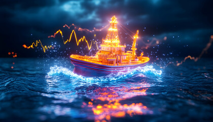Illuminated fishing boat on stormy sea, financial charts background, digital art, stock image, use in business or finance