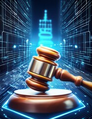 Generated image Judges gavel hovers in a high-tech, virtual space, symbolizing the enforcement of cybersecurity