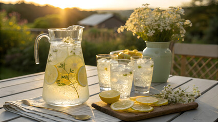 Photorealistic pitcher of elderflower cordial with ice and lemon slices, surrounded by matching glasses on an outdoor table with golden-hour sunlight for a lively and cheerful summer vibe