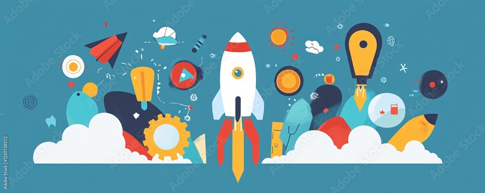 Poster Rocket launching from clouds representing startup business project