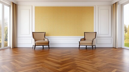 Fototapeta premium A luxurious gold-accented wall with intricate details, resting above a high-gloss dark parquet floor that reflects the opulence. interior room.