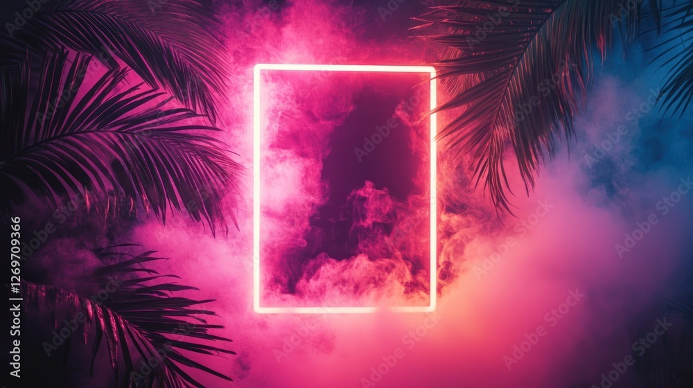 Poster Glowing neon frame surrounded by palm trees and fog
