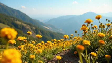 Fototapeta premium Springtime sneeze, Pollen from blooming plants against vivid mountains on horizon photorealistic.