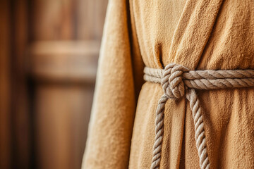 Close-up of a brown monk's robe tied with a rope belt, showing texture.