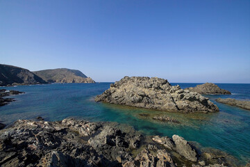 coast of the mediterranean sea, Shale cliffs at Narrows. Asinara National Park. Sassari. Sardinia. Italy. Asinara National Park