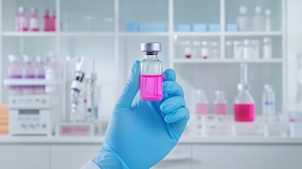 Fototapeta premium Gloved hand holding up a glass vial containing a glowing pink vaccine solution, with sterile laboratory equipment arranged methodically around it.