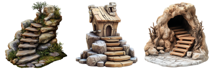 Set of a wooden and stone sculpture, isolated on transparent background.