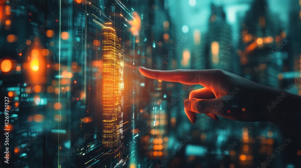Poster hand interacting with futuristic glowing interface over a cityscape