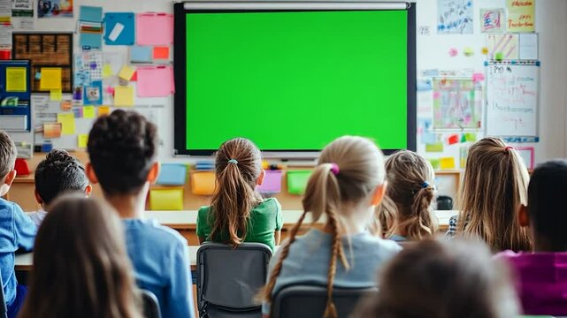 Students watch green screen classroom lesson