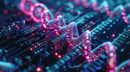Obraz premium Abstract Representation of Digital Data Waves with Colorful Particles in a High-Tech Environment