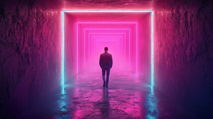 Man walking neon tunnel, concrete corridor, futuristic, mysterious